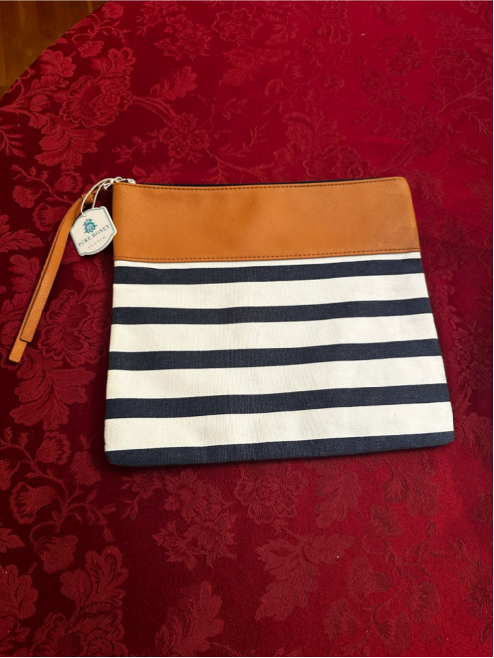 Pure Honey Brown Navy Blue Striped Clutch